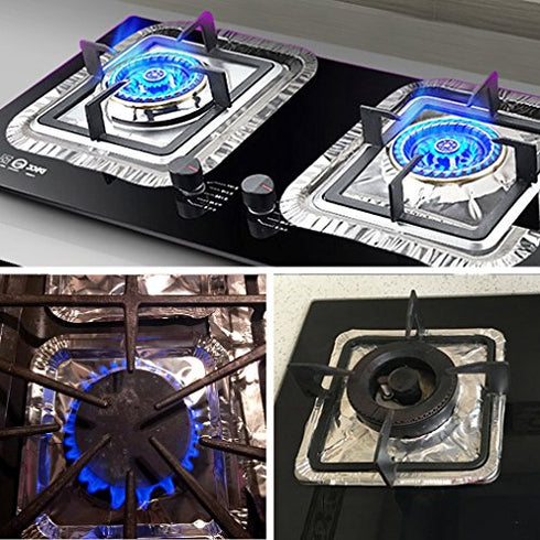 COCIDE 50 Pack Gas Burner Liners Aluminum Foil Square Stove Burner Covers Range Protectors Bib Liners Disposable Gas Burner Bibs Gas Top Liner Stove Aluminum Foil Drip Pans Easy Clean - (8.5" Square)